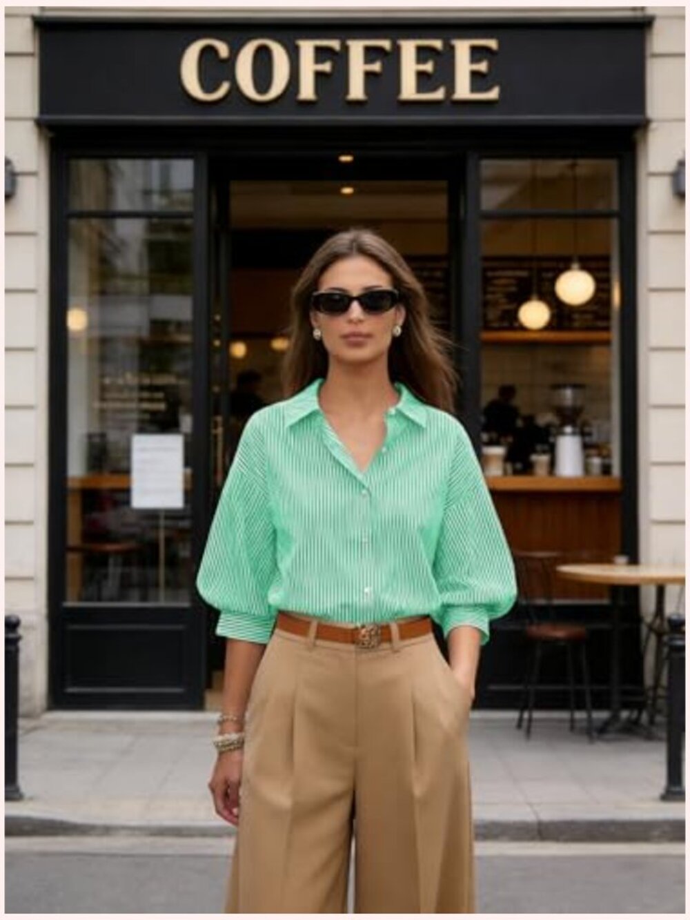 Women's Striped Button Down Shirt 3/4 Puff Sleeve V Neck Blouse - Picture 2 of 7